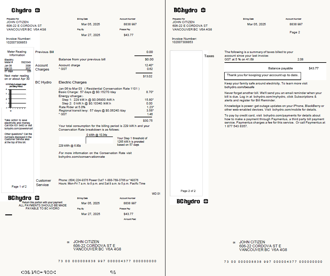 Canada Chydro utility bill template in Word and PDF formtas, 2 pages